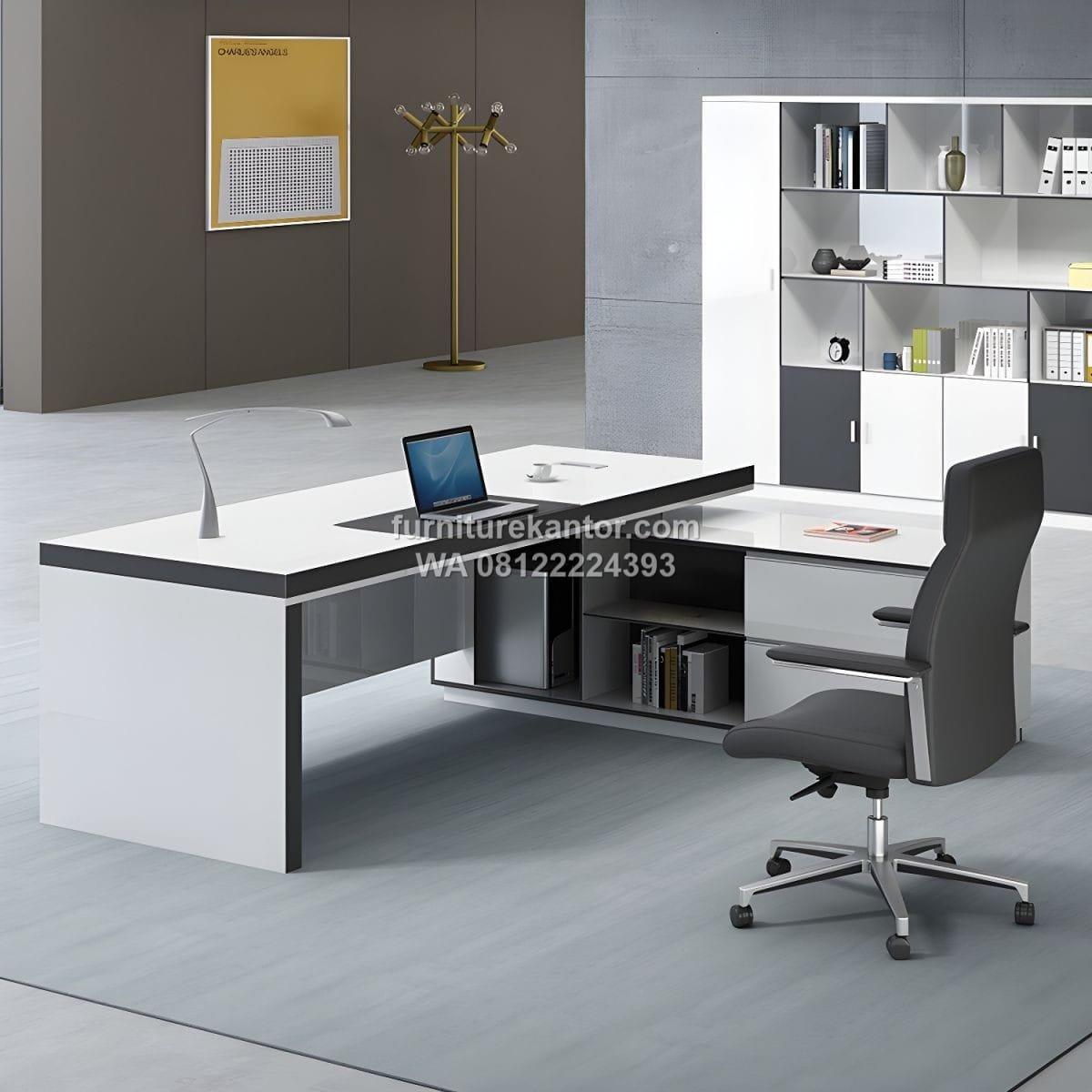 Meja Kantor Eksekutif Bentuk L Modern Warna Putih - Image 4
